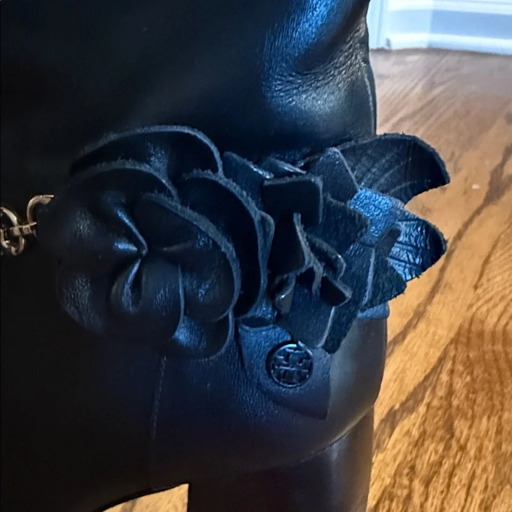 Tory Burch Black Heeled Boots with Gold Chain Accent and flower detail 9.5m